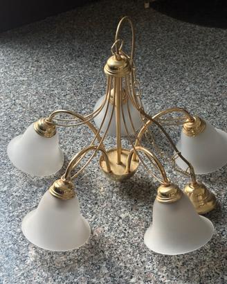 Lampadario ottone 5 luci vetro satinato