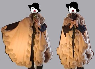 PONCHO tortora con vera pelliccia di volpe