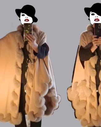 PONCHO tortora con vera pelliccia di volpe