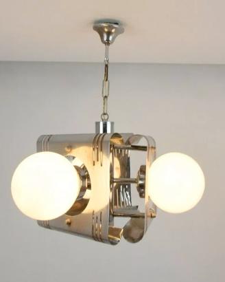 Lampadario 3 palle vetro acciaio vintage Space Age