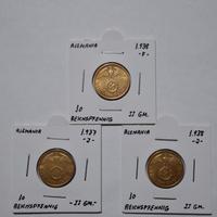 Tre monete Terzo Reich Gold 10 Pfennig Gold