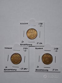 Tre monete Terzo Reich Gold 10 Pfennig Gold