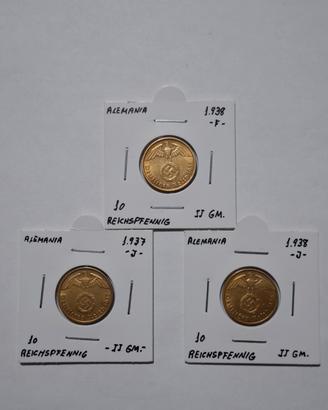 Tre monete Terzo Reich Gold 10 Pfennig Gold