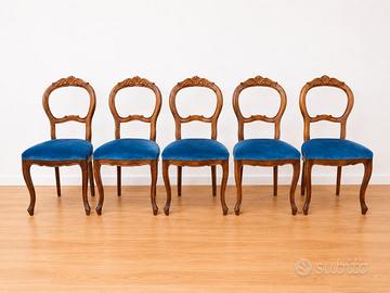 Set di 5 Sedie in Noce e Velluto Blu, Anni '50