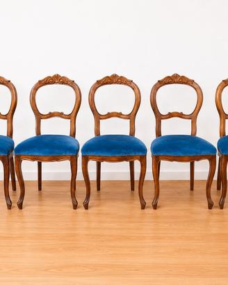 Set di 5 Sedie in Noce e Velluto Blu, Anni '50