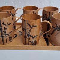 Set di sei tazze e vassoio in bambù,vintage decora