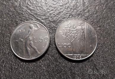 50 Lire Vulcano e 100 Lire Minerva 1976 Italia