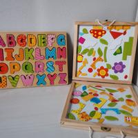 2 giochi: Alfabeto in legno + lavagna magnetica.