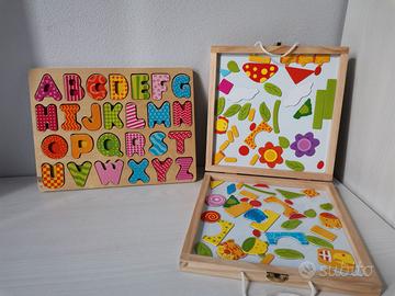2 giochi: Alfabeto in legno + lavagna magnetica.