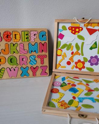 2 giochi: Alfabeto in legno + lavagna magnetica.
