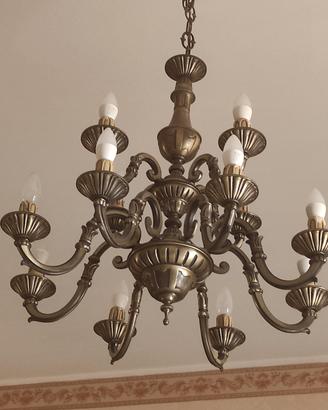 Lampadario vintage in ottone brunito a due livelli