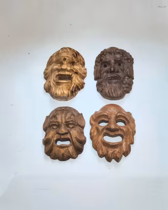 Set 4 Maschere Mitologiche in Legno. Polifemo, Bac