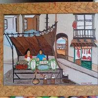 Quadro Naif Mercato Bancarella del pesce. 40x50
