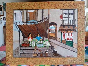 Quadro Naif Mercato Bancarella del pesce. 40x50