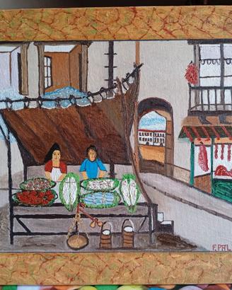 Quadro Naif Mercato Bancarella del pesce. 40x50