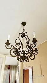 Lampadario antico ferro battuto e cristallo Anni50