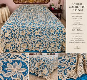 Raro copriletto antico i pizzo e cotone avorio 
