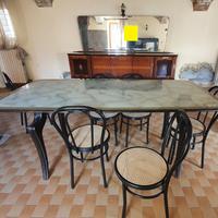 Raro vecchio antico tavolo legno vetro con sedie