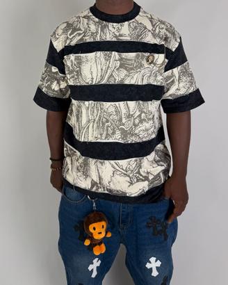 T-Shirt Vintage Stampa Barocca Righe Uomo M