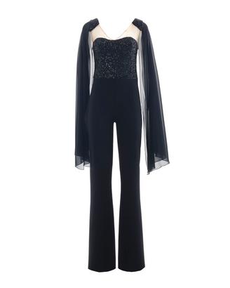 Jumpsuit elegante nera con paillettes e mantello i