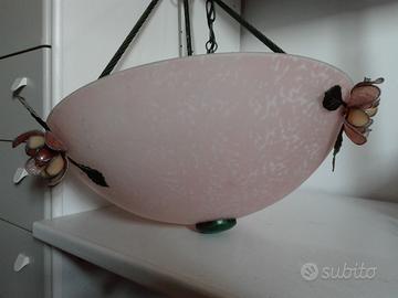 Lampadario in vetro rosa con 2 abat-jour