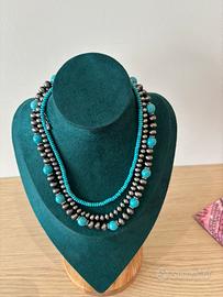 collana doppio filo turchese e argento nuova