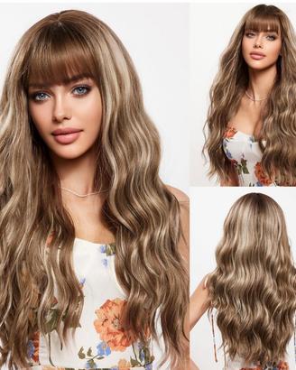 Parrucca nuova lunga capelli castani con meches