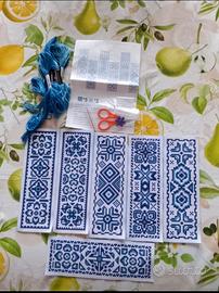 Kit punto croce segnalibri blu classici ricamo 