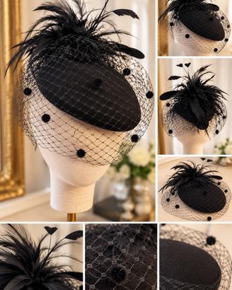 Cappellino fascinator nero con veletta e piume