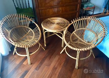 Salotto Poltrone e Tavolino Bambù e Vimini Anni 70