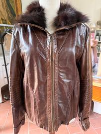 Giacca vera pelle marrone con collo in pelliccia
