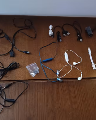 Set accessori elettronici: cavi vari, auricolari e