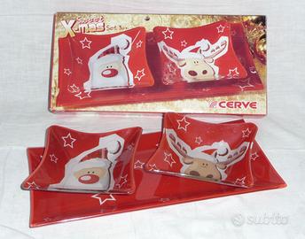 Vassoio con 2 coppe Natale vetro rosso