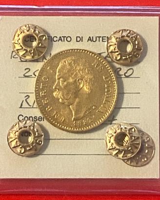 ORO MARENGO 20 LIRE UMBERTO I 1882 PERIZIATO