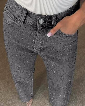 Jeans denim glitterati con strass