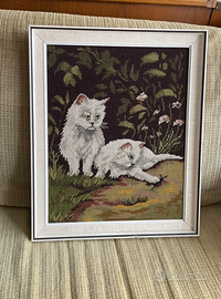 Quadro mezzo punto ricamo gobelin con gatti retrò