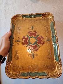 Vassoio fiorentino vintage legno oro e verde 36x26