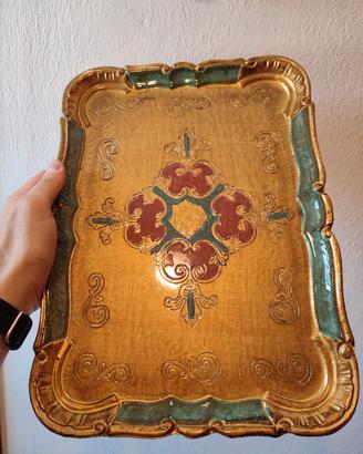 Vassoio fiorentino vintage legno oro e verde 36x26
