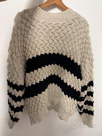 Maglione a trecce panna con righe nere - Taglia XL