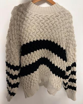 Maglione a trecce panna con righe nere - Taglia XL