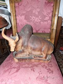 Scultura Fermalibri Artigianale - Zebu in Legno