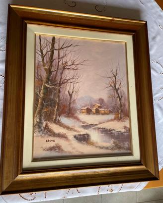 “Paesaggio invernale con baite e ruscello”