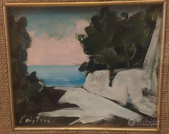 Dipinto olio su tavola: scorcio marino