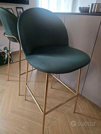 Coppia set 2 sgabelli in velluto verde gambe oro