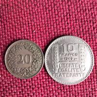 2 Monete 10 e 20 Fr francesi e svizzeri