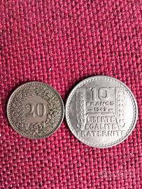 2 Monete 10 e 20 Fr francesi e svizzeri