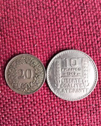 2 Monete 10 e 20 Fr francesi e svizzeri