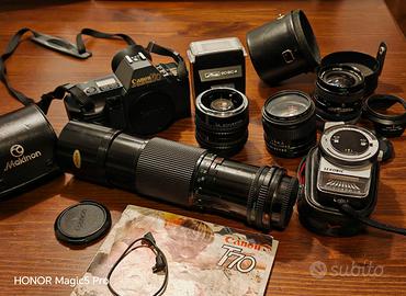Canon T70 Reflex con molti accessori