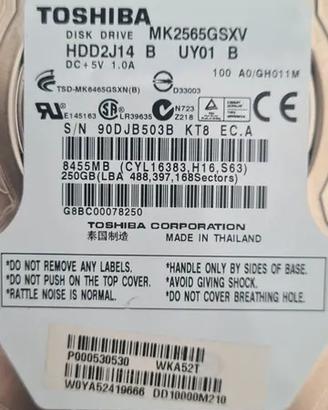 Hard Disk 250Gb Toshiba MK2565GSX Sata