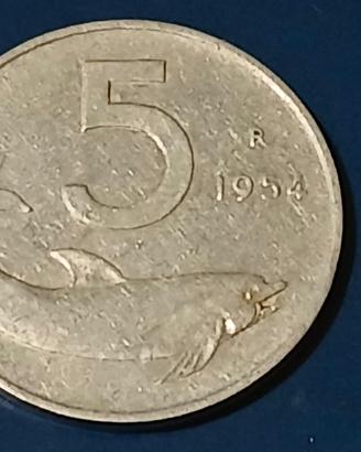 Moneta da 5 lire anno 1954 con difetto.